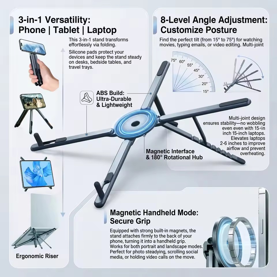 Laptop Accessories For Office - ที่วางโทรศัพท์แม่เหล็กแบบพกพาและไม้เซลฟี่ 3-in-1 ขาตั้งกล้องแบบพับได้สำหรับ iPhone iPad แท็บเล็ต