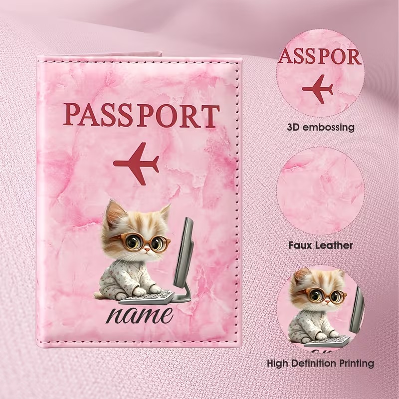 Laptop Accessories Name - ซองใส่พาสปอร์ต PU แบบกำหนดเองได้ พร้อมช่องใส่บัตรและช่องใส่เอกสาร เหมาะสำหรับการเดินทาง ดีไซน์ลายแมวและแล็ปท็อปแบบกำหนดเองได้
