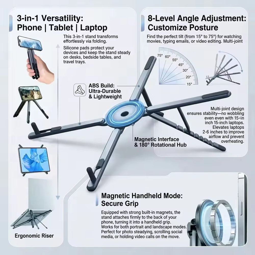Laptop Accessories For Office - ที่วางโทรศัพท์แม่เหล็กแบบพกพาและไม้เซลฟี่ 3-in-1 ขาตั้งกล้องพับได้สำหรับใช้งานกับ iPhone, iPad, แท็บเล็ต,